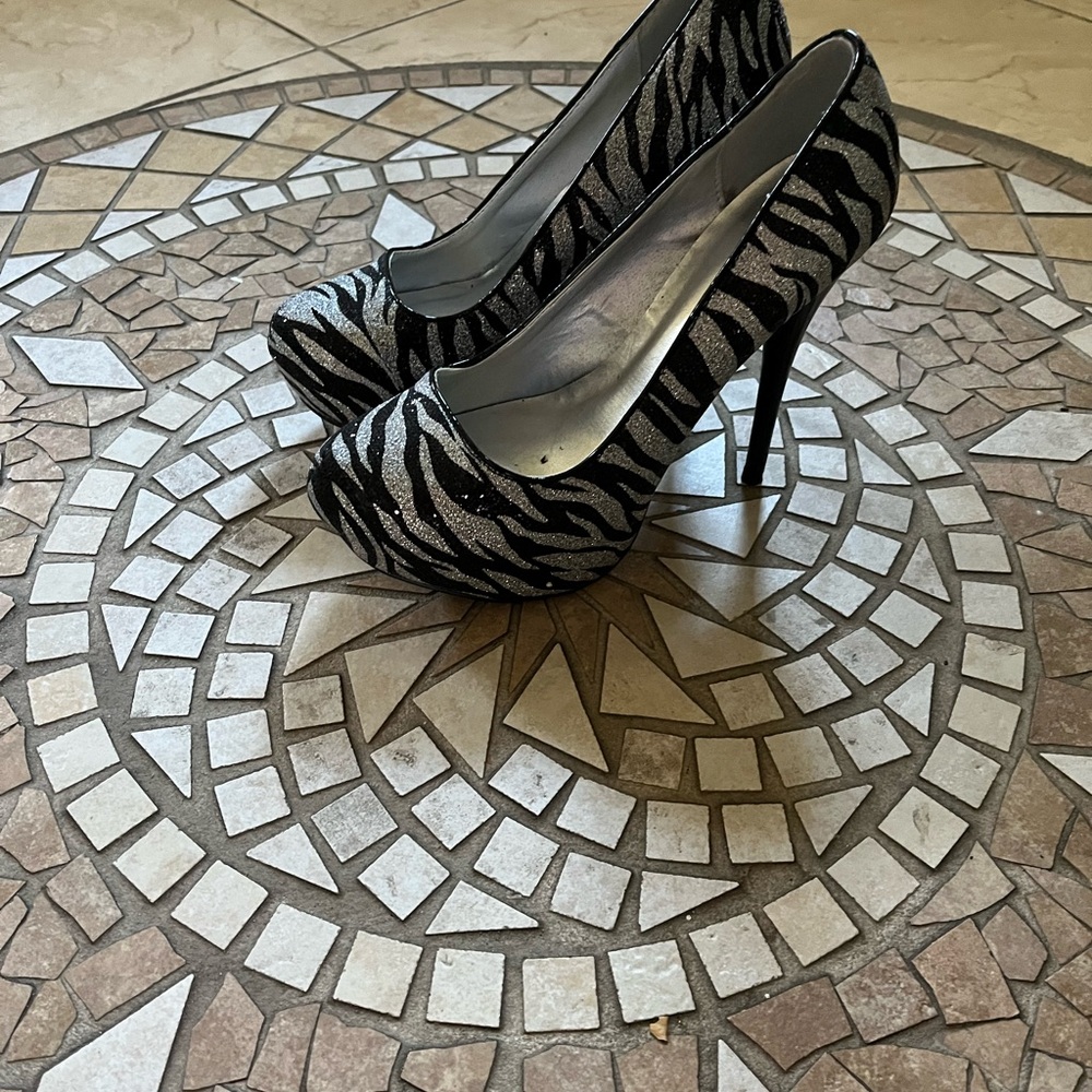 Zebra Print Black and Silver Women's Heels